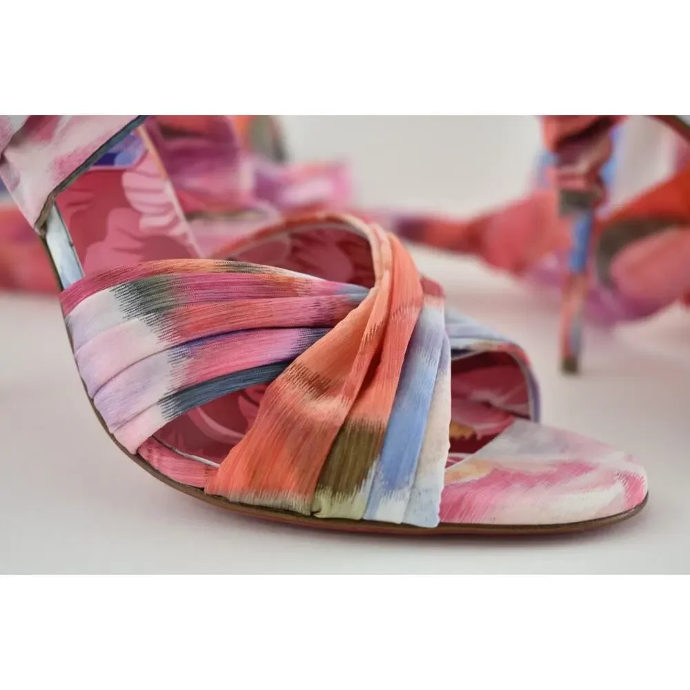 Christian Louboutin Affabula Lace Up 100 Pink Floral Tie Sandal Heel Pump 37